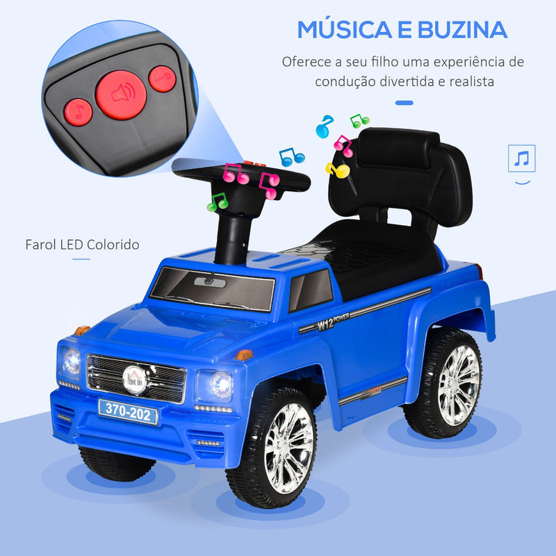 Carro Andador para Bebé de 18-36 Meses Carro sem Pedais com Faróis Música Buzina Compartimento de Armazenamento e Encosto Alto 68x30,5x41,5cm Azul