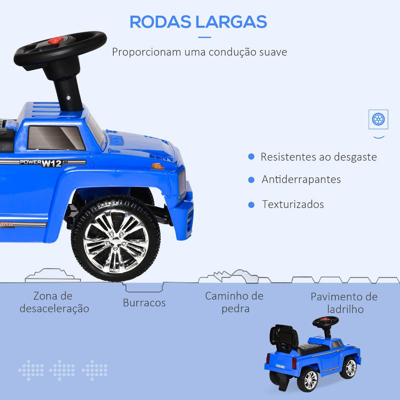 Carro Andador para Bebé de 18-36 Meses Carro sem Pedais com Faróis Música Buzina Compartimento de Armazenamento e Encosto Alto 68x30,5x41,5cm Azul