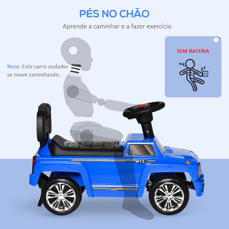 Carro Andador para Bebé de 18-36 Meses Carro sem Pedais com Faróis Música Buzina Compartimento de Armazenamento e Encosto Alto 68x30,5x41,5cm Azul