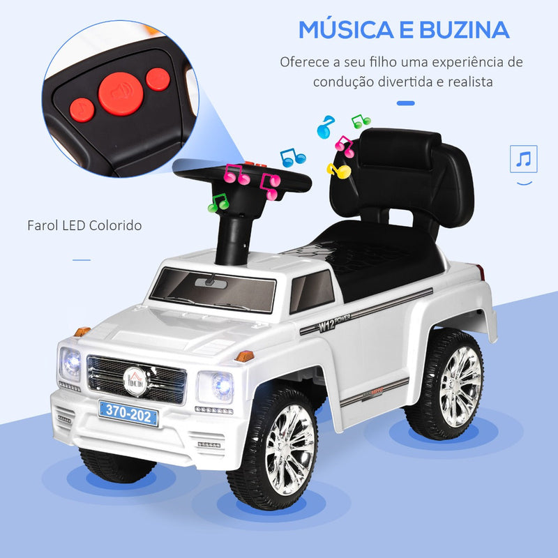 Carro Andador para Bebé de 18-36 Meses Carro sem Pedais com Faróis Música Buzina Compartimento de Armazenamento e Encosto Alto 68x30,5x41,5cm Branco