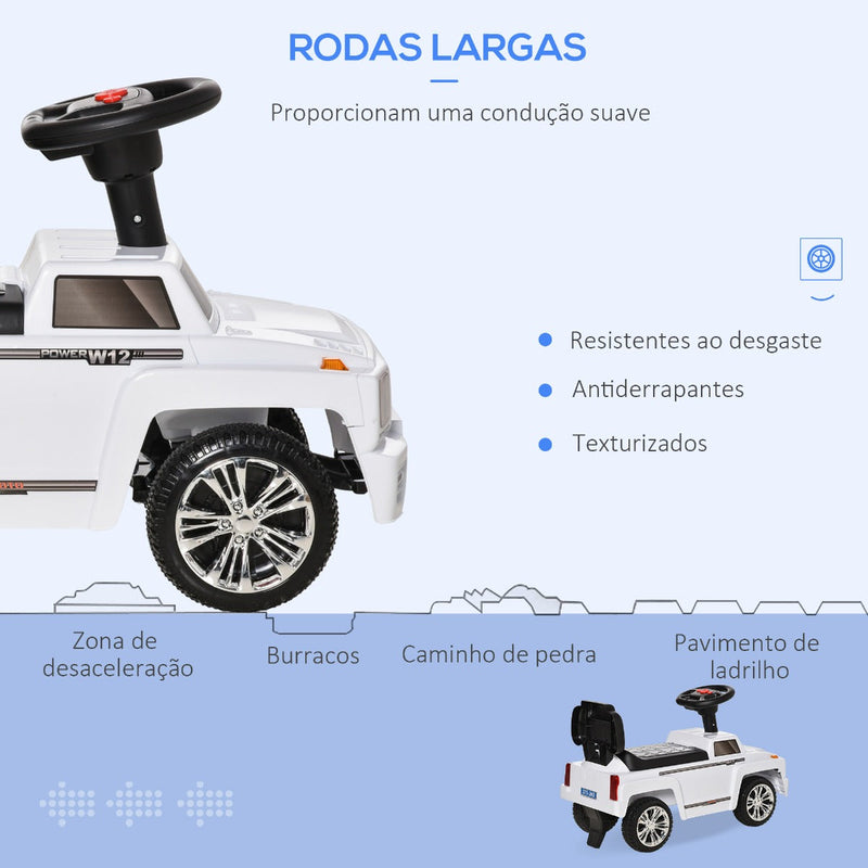 Carro Andador para Bebé de 18-36 Meses Carro sem Pedais com Faróis Música Buzina Compartimento de Armazenamento e Encosto Alto 68x30,5x41,5cm Branco