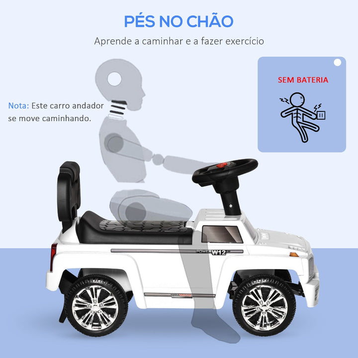 Carro Andador para Bebé de 18-36 Meses Carro sem Pedais com Faróis Música Buzina Compartimento de Armazenamento e Encosto Alto 68x30,5x41,5cm Branco