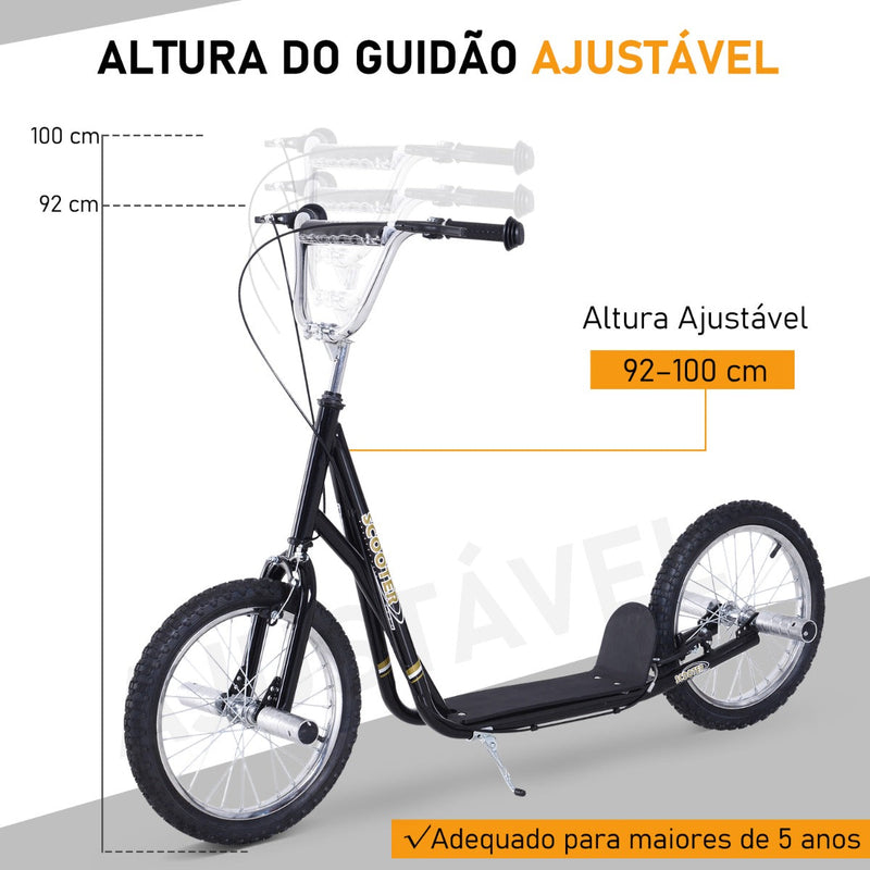 Trotinete para Crianças acima de 5 anos Scooter de 2 Rodas Grandes Insufláveis de 16 Polegadas com Freios e Guidão Ajustável em Altura 143x58x92-100cm Preto