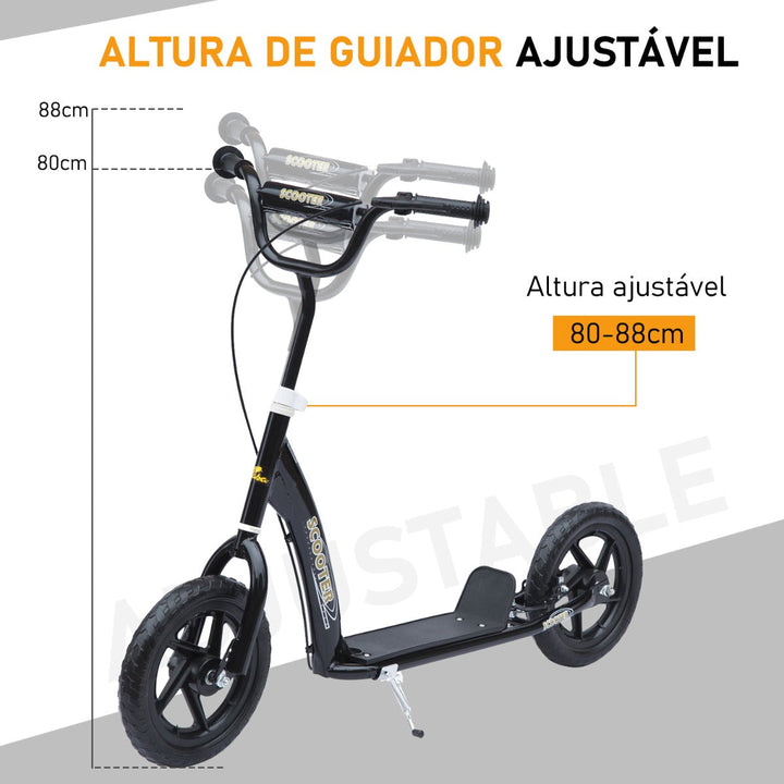 Trotinete para Crianças acima de 5 anos Scooter de 2 Rodas Grandes de 12 Polegadas com Freio e Guidão Ajustável em Altura Carga Máx. 100kg 120x52x80-88cm Preto