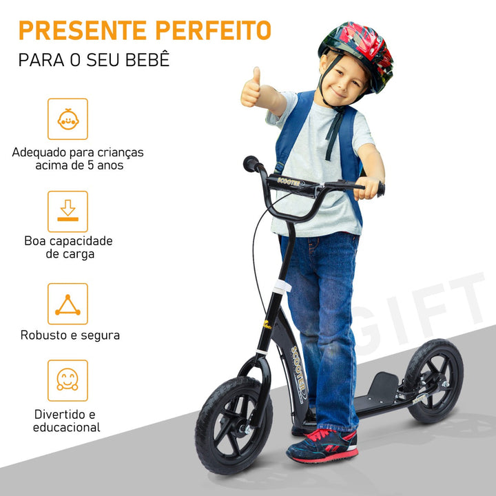 Trotinete para Crianças acima de 5 anos Scooter de 2 Rodas Grandes de 12 Polegadas com Freio e Guidão Ajustável em Altura Carga Máx. 100kg 120x52x80-88cm Preto