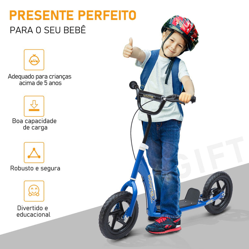 Trotinete para Crianças acima de 5 anos Scooter de 2 Rodas Grandes de 12 Polegadas com Freio e Guidão Ajustável em Altura Carga Máx. 100kg 120x52x80-88cm Azul