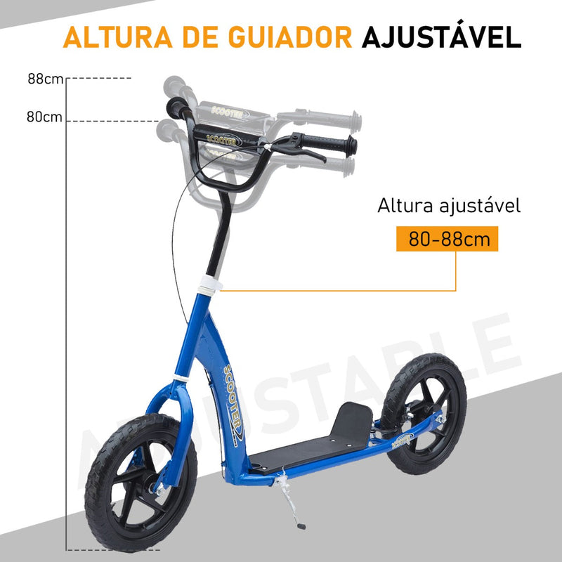 Trotinete para Crianças acima de 5 anos Scooter de 2 Rodas Grandes de 12 Polegadas com Freio e Guidão Ajustável em Altura Carga Máx. 100kg 120x52x80-88cm Azul