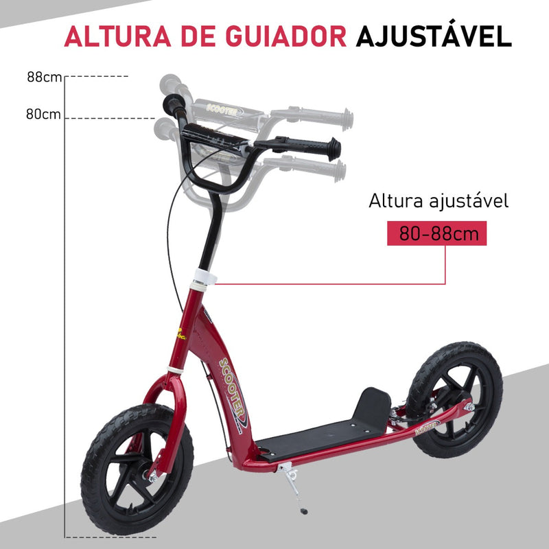 Trotinete para Crianças acima de 5 anos Scooter de 2 Rodas Grandes de 12 Polegadas com Freio e Guidão Ajustável em Altura Carga Máx. 100kg 120x52x80-88cm Vermelho