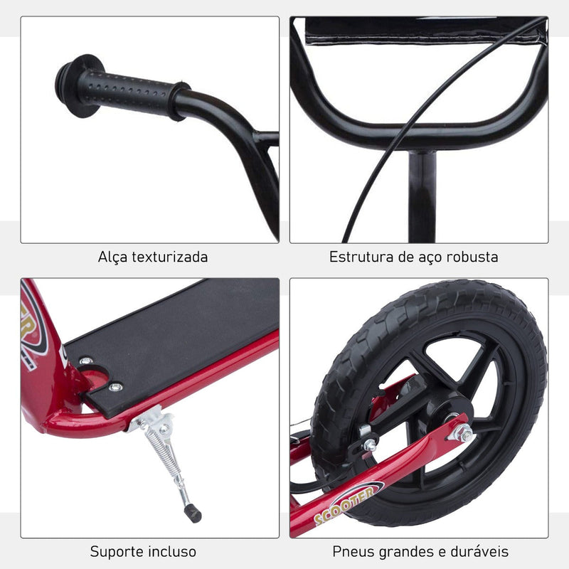 Trotinete para Crianças acima de 5 anos Scooter de 2 Rodas Grandes de 12 Polegadas com Freio e Guidão Ajustável em Altura Carga Máx. 100kg 120x52x80-88cm Vermelho