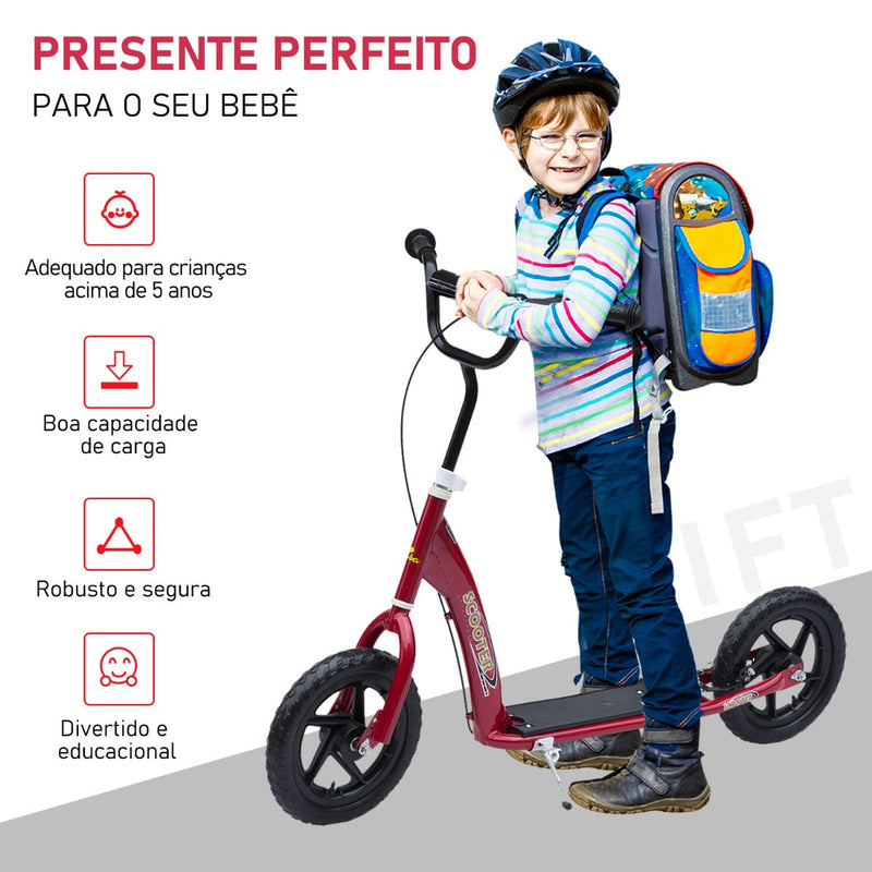 Trotinete para Crianças acima de 5 anos Scooter de 2 Rodas Grandes de 12 Polegadas com Freio e Guidão Ajustável em Altura Carga Máx. 100kg 120x52x80-88cm Vermelho