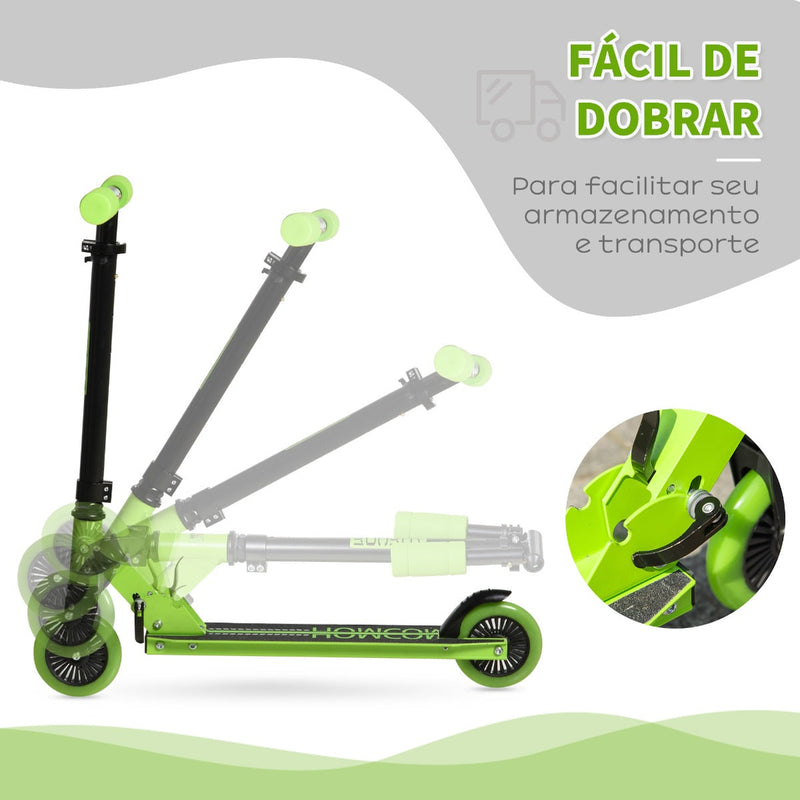 Trotinete para Crianças acima de 3 Anos Dobrável Scooter de 2 Rodas com Guiador Altura Ajustável Freio Posterior e Pedal Antiderrapante Carga 50kg 67,7x34x79,5-89,5cm Verde