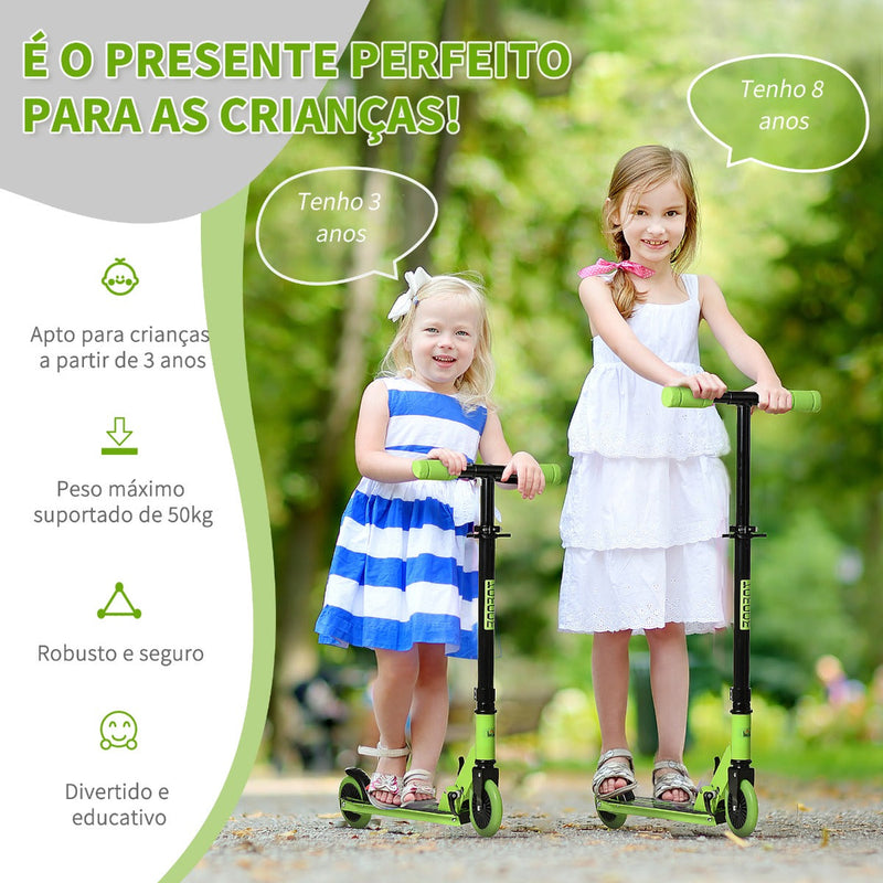 Trotinete para Crianças acima de 3 Anos Dobrável Scooter de 2 Rodas com Guiador Altura Ajustável Freio Posterior e Pedal Antiderrapante Carga 50kg 67,7x34x79,5-89,5cm Verde