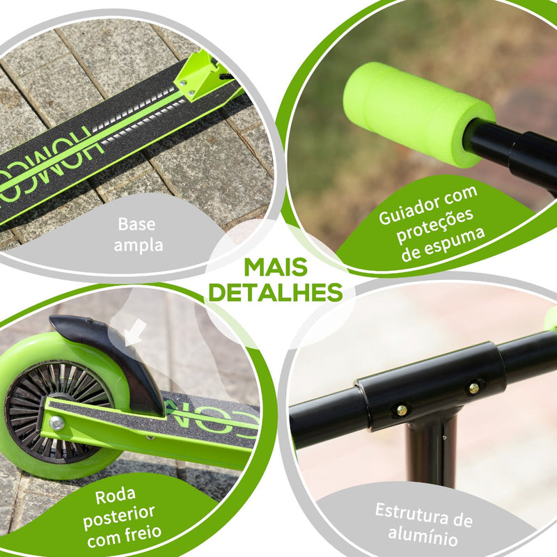 Trotinete para Crianças acima de 3 Anos Dobrável Scooter de 2 Rodas com Guiador Altura Ajustável Freio Posterior e Pedal Antiderrapante Carga 50kg 67,7x34x79,5-89,5cm Verde