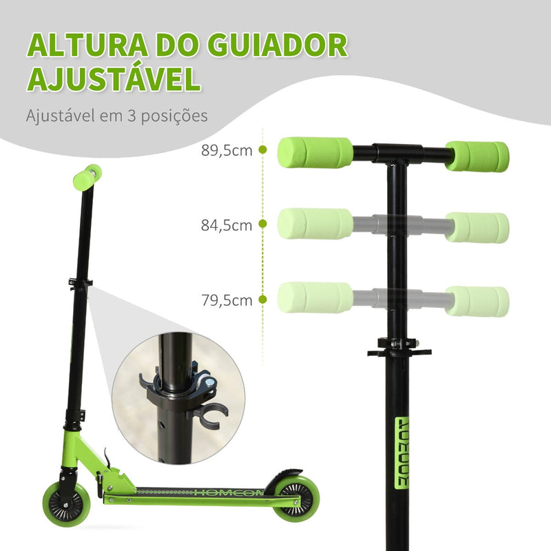 Trotinete para Crianças acima de 3 Anos Dobrável Scooter de 2 Rodas com Guiador Altura Ajustável Freio Posterior e Pedal Antiderrapante Carga 50kg 67,7x34x79,5-89,5cm Verde