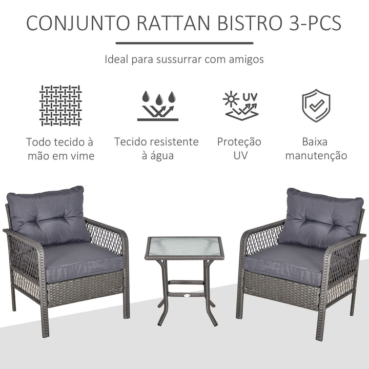 Conjunto de móveis de rattan de jardim 3 peças 2 poltronas 65x66x75 cm e 1 mesa de vidro temperado 50x50x50 cm Cinza