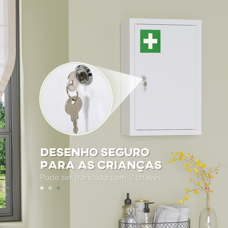 Armário Farmácia de Parede Armário de Medicamentos de Aço com 3 Prateleiras de Armazenamento e 2 Chaves para Casa de Banho 30x14x46 cm Branco