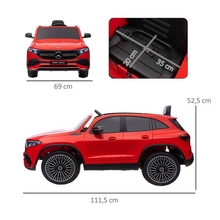 Carro Elétrico para Crianças Mercedes-Benz EQA Carro a Bateria 12V com Controlo Remoto Música Buzina Velocidade 3-8 km/h para Crianças 3-8 Anos 111,5x69x52,5 cm Vermelho