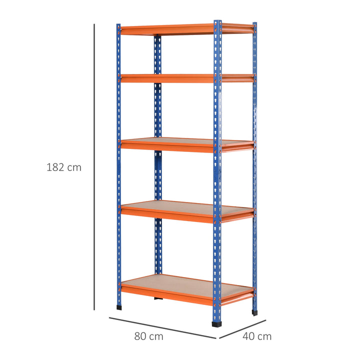 Estante Metálica de Armazenamento 80x40x182cm com 5 Prateleiras Altura Ajustável Carga Máxima por Prateleira 300kg para Armazenamento Garagem Oficina Azul e Laranja