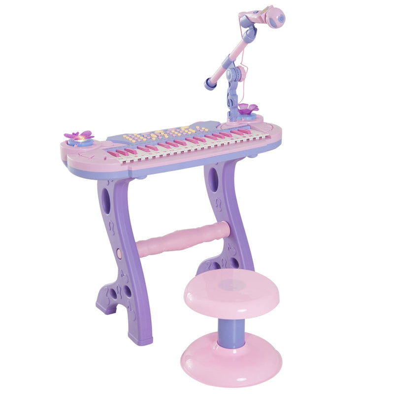 Órgão Electrónico Piano Infantil com Microfone Banquinho Luzes e 22 Canções cor Rosa