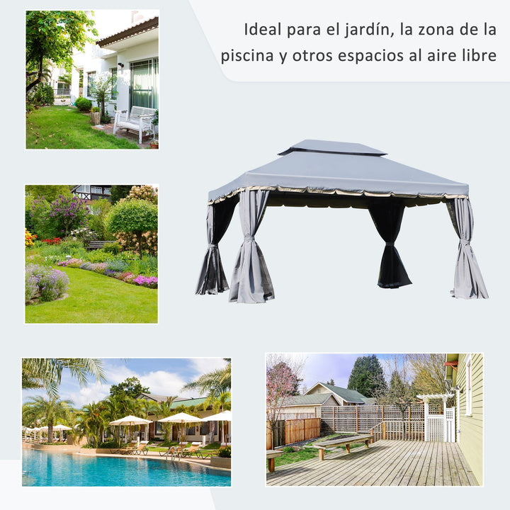 Pérgola de Jardim 4x3m Pérgola de Alumínio com Teto de Ventilação 4 Cortinas Laterais Tela Mosquiteira e 8 Orifícios de Drenagem para Exterior Pátio Festas Cinza
