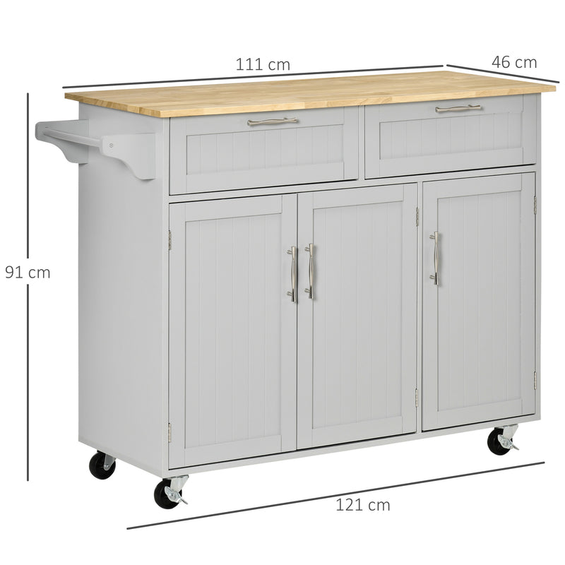 Carrinho de Cozinha com Rodas Carrinho de Cozinha Multiuso com 2 Gavetas 3 Portas Prateleiras Ajustáveis e Barra para Sala de Jantar 121x46x91cm Cinza e Madeira