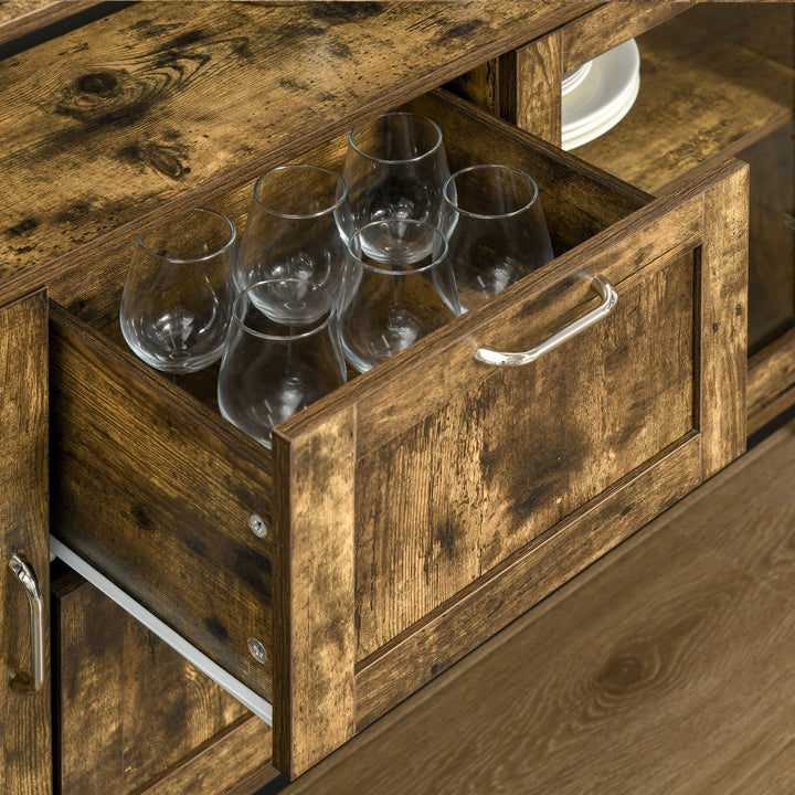 Aparador de Cozinha com 2 Portas de Cristal 2 Gavetas e Prateleiras Ajustáveis em Altura Armário Auxiliar de Estilo Industrial para Sala de Estar Sala de Jantar 120x40x88,5 cm Marrom Rústico