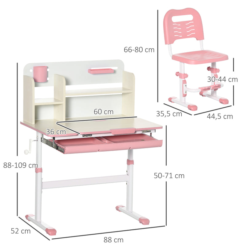 Conjunto de Secretária e Cadeira para Crianças acima de 3 Anos com Altura Ajustável Secretária Infantil com Bancada Inclinável Gaveta e Prateleira para Livros 80x52x88x109cm e 35,5x44,5x66-80cm Rosa