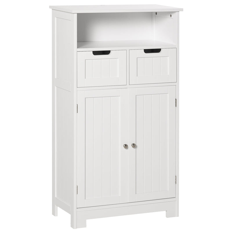 Armário de Casa de Banho com 2 Portas Prateleira Ajustável 2 Gavetas e Compartimento Aberto Móvel Auxiliar de Armazenamento para Sala de Estar Cozinha 60x30x108,8cm Branco