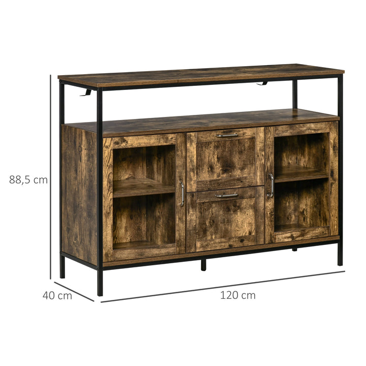 Aparador de Cozinha com 2 Portas de Cristal 2 Gavetas e Prateleiras Ajustáveis em Altura Armário Auxiliar de Estilo Industrial para Sala de Estar Sala de Jantar 120x40x88,5 cm Marrom Rústico