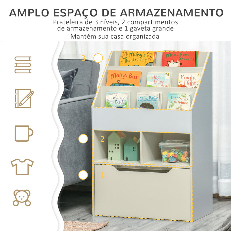 Estante de Brinquedos com 3 Compartimentos 2 Prateleiras e Gaveta Móvel com 4 Rodas Estante para Livros Infantil para Dormitório Infantil Sala de Jogos 60x29,9x90cm Cinza