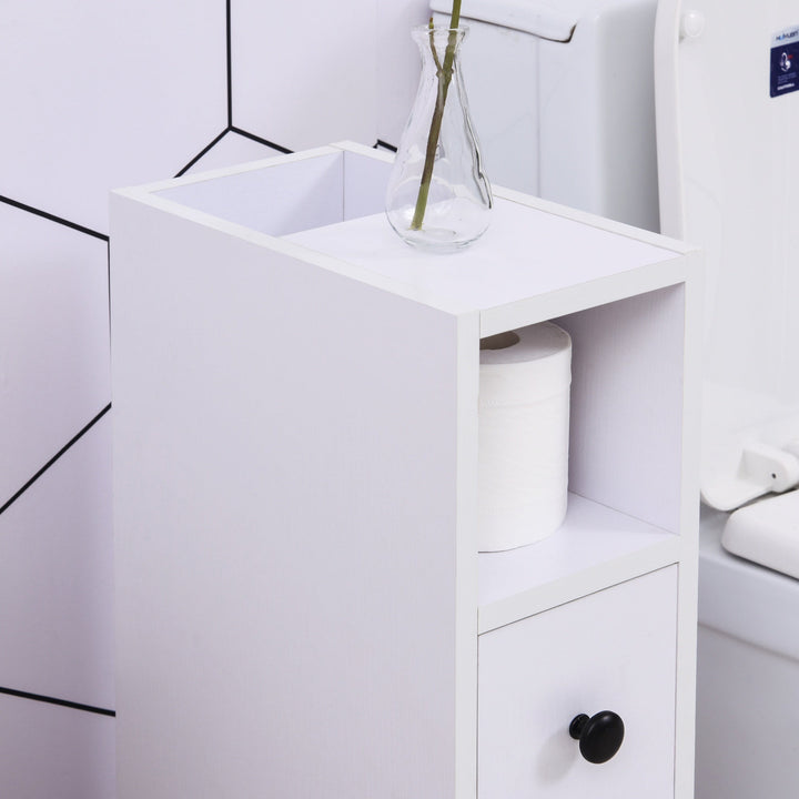 Armário de Casa de Banho Móvel Auxiliar para Espaço Reduzido com Rodas Prateleiras Abertas Armário e Gaveta 18x30x68,5cm Branco