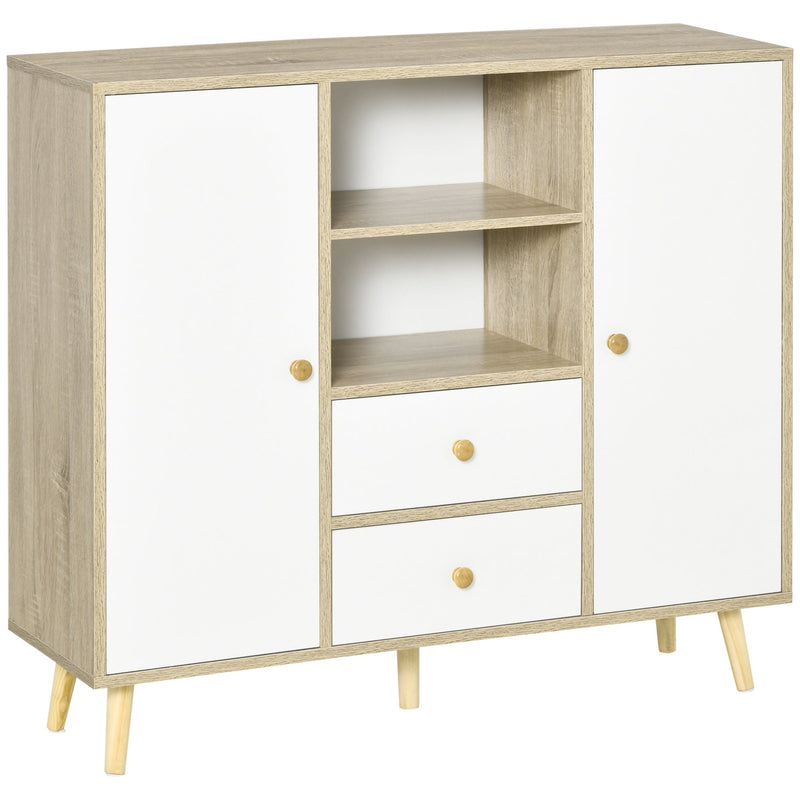 Aparador de Sala de Estar com 2 Portas 2 Gavetas e 2 Prateleiras Abertas Móvel Auxiliar de Armazenamento para Cozinha Entrada 100x30x85cm Branco e Natural