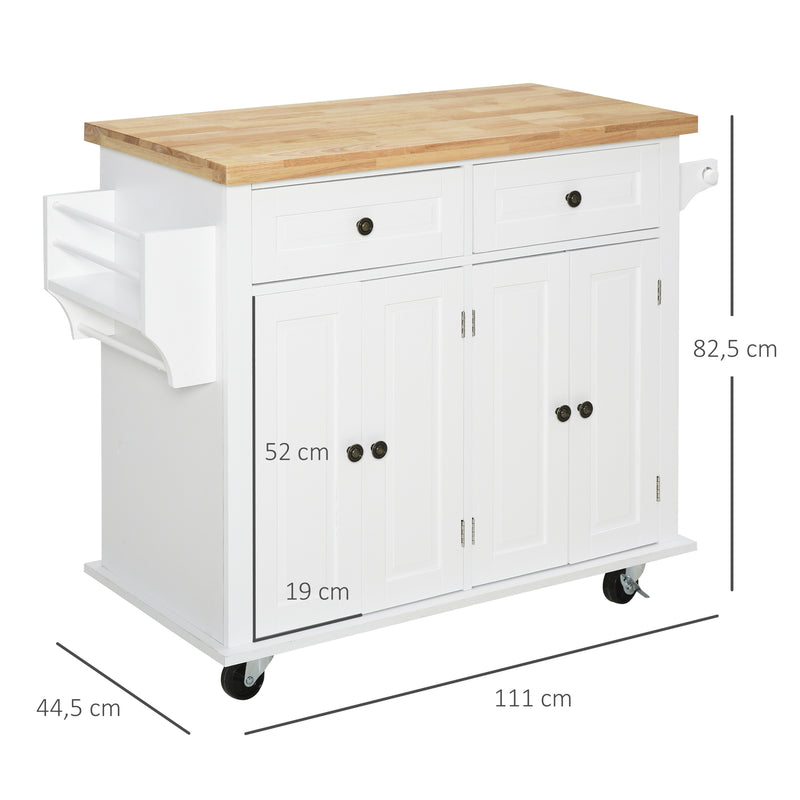 Ilha de Cozinha com Rodas Móvel Auxiliar de Cozinha com 2 Gavetas 4 Portas Suporte para Temperos e Barra Lateral 111x44,5x82,5cm Branco e Madeira