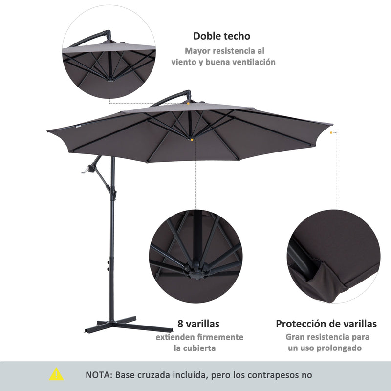 Chapéu de Sol de Jardim Ø300x250cm Chapéu de Sol Excêntrico Inclinável com Manivela Base Cruzada Suporte de Aço e Proteção Solar para Terraço Exterior Cinza