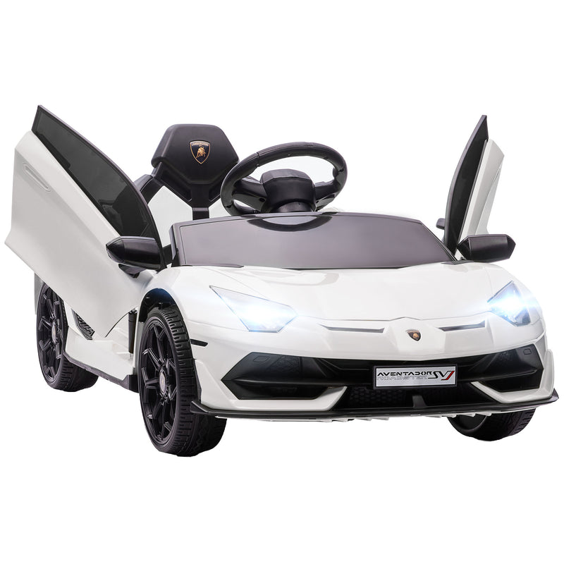 Carro Elétrico Lamborghini para Crianças de 37 a 60 Meses Carro Elétrico a Bateria 12V Velocidade Máxima 5km/h Controlo Remoto MP3 Luzes e Cinto de Segurança 107,5x63x42 cm Branco