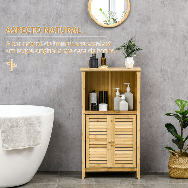 Armário Auxiliar Casa de Banho de Bambu Armário de Casa de Banho com 2 Portas Compartimento Aberto e Prateleira Ajustável 50x25,5x92 cm Madeira