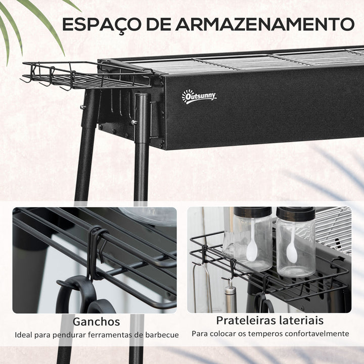 Barbecue a Carvão com 2 Grelhas de Aço Inoxidável Barbecue Portátil com 2 Prateleiras para Temperos com Ganchos para Campismo Jardim 77x30x70 cm Preto