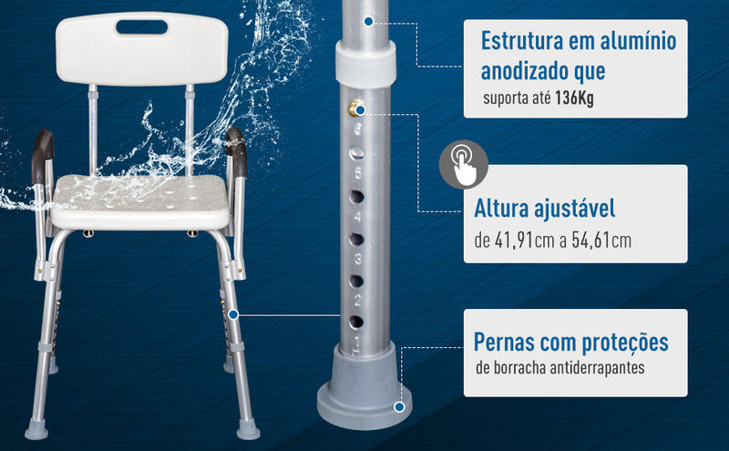 Cadeira Ortopédica Regulável para Banho- Cor: Branco- Carga: 135 kg- 46,5 x 54,2 x 72,5-85 cm