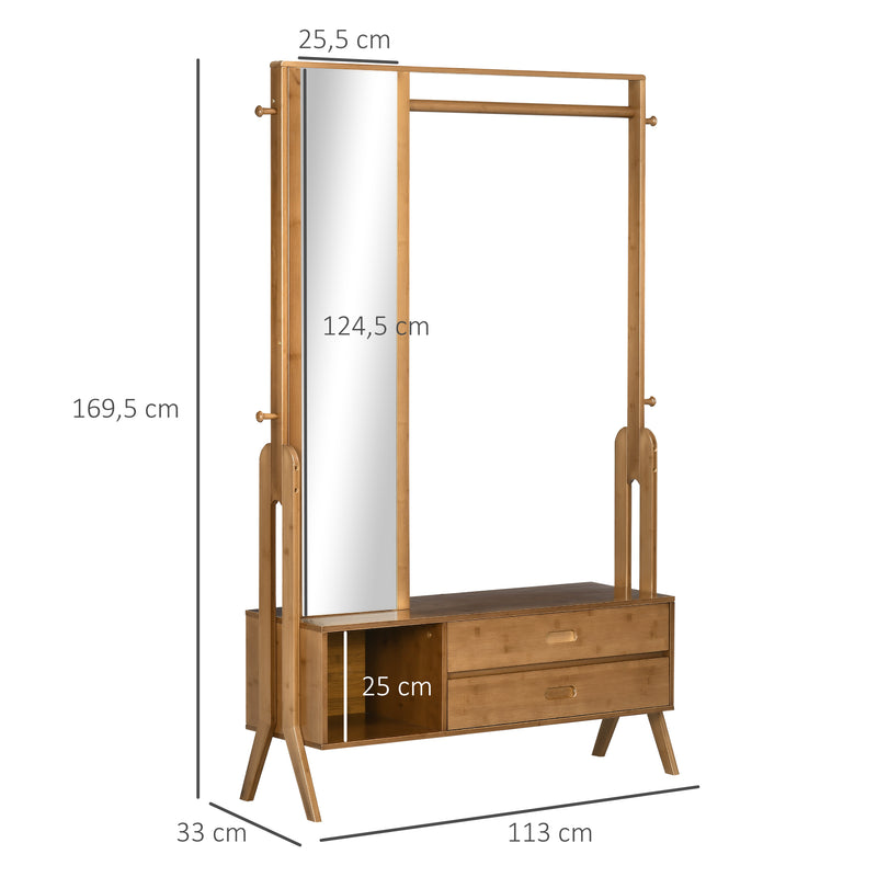 Móvel Cabide de Entrada com Banco Móvel de Entrada Estilo Industrial com Espelho 2 Gavetas 4 Ganchos Barra e Compartimento de Armazenamento para Dormitório Corredor 113x33x169,5cm Marrom