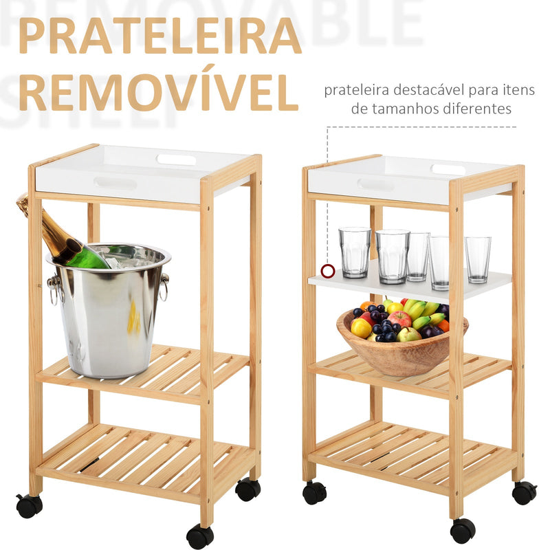 Carrinho de cozinha de 4 niveis com bandeja removível 40x30x76 cm Branco