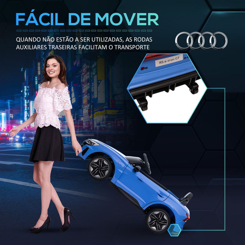 Carro Elétrico AUDI RS E-Tron GT para Crianças de 3-6 Anos Carro de Bateria 12V com 2 Motores Controlo Remoto Faróis LED Buzina Música USB e Abertura de Porta 3-5km/h 103x58x41cm Azul