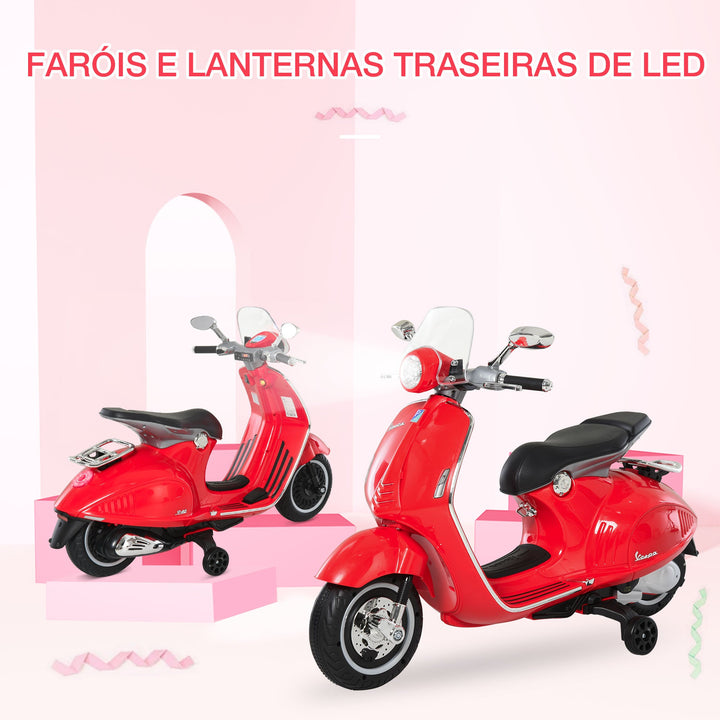 Mota elétrica Vespa para crianças acima de 3 Anos com Faróis Música 2 Rodas Auxiliares 108x49x75 cm Vermelho
