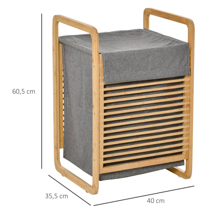 Cesto para Roupa Suja de Bambú Portátil com Tampa e Bolsa Removível Móvel de Casa de Banho 40x35,5x60,5cm Cor Natural e Cinza