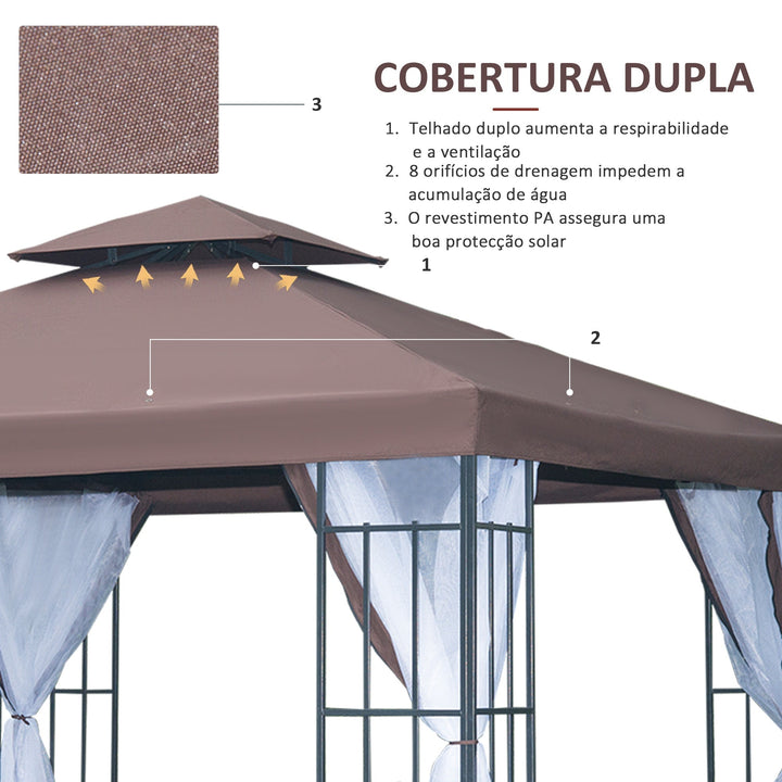 Pérgola de Jardim 3x3m Pérgola para Exterior com Duplo Teto de Ventilação 4 Telas Mosquiteiras Laterais Removíveis e Estrutura de Aço com Proteção Solar para Festas Eventos Café