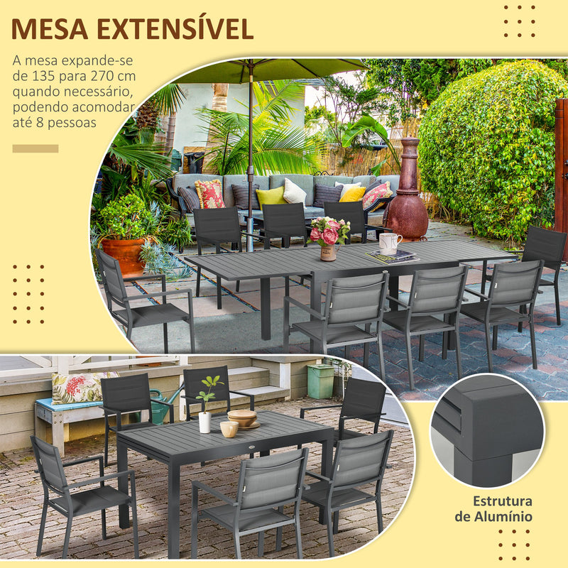 Conjunto Móveis de Jardim 9 Peças Conjunto de Refeição para Varanda com Mesa Extensível 8 Cadeiras Empilháveis Estrutura de Alumínio e Assento de Textilene 135-270x89x74cm Cinza