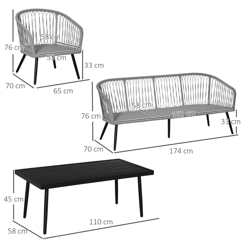 Conjunto de Móveis de Vime Conjunto de Móveis de Jardim 4 Peças Mesa de Centro de Alumínio Sofá 3 Lugares e 2 Poltronas com Almofadas para Terraço Exterior Cinza