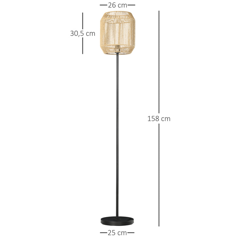 Candeeiro de Pé para Sala de Estar Lâmpada E27 Máx. 40W Candeeiro de Pé com Ecrã de Corda de Papel e Interruptor de Pé para Cozinha Dormitório Ø26x158cm Natural e Preto