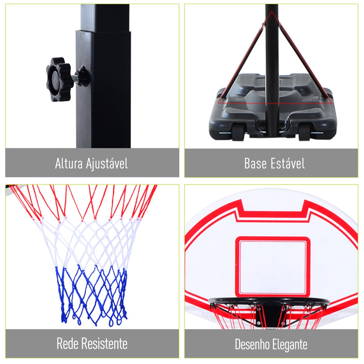 Tabela de basquetebol dobrável e ajustável em altura 150-210 cm branco preto e vermelho