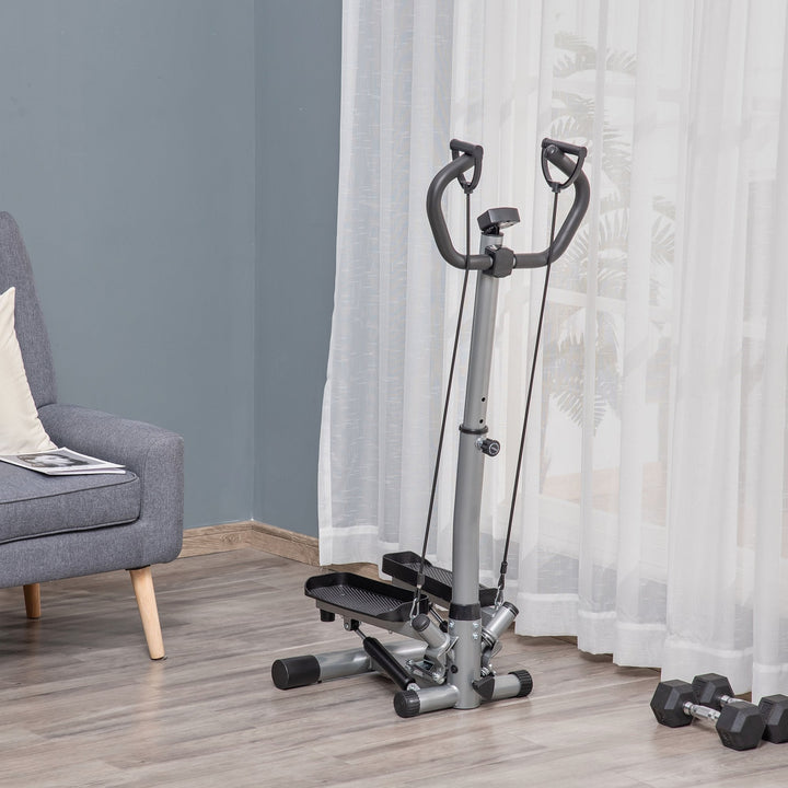 Máquina de Step Fitness com Guiador Ajustável em Altura Tela LCD Bandas Elásticas Pedais Antiderrapantes Equipamento de Exercício para Academia em Casa 55x53x118-128cm Prata