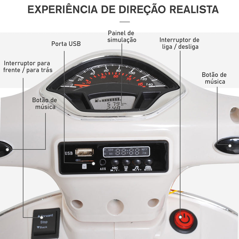 Mota elétrica vespa para crianças acima de 3 anos bateria 6V com musica faroie e rodas auxiliares Carga 25 kg branco